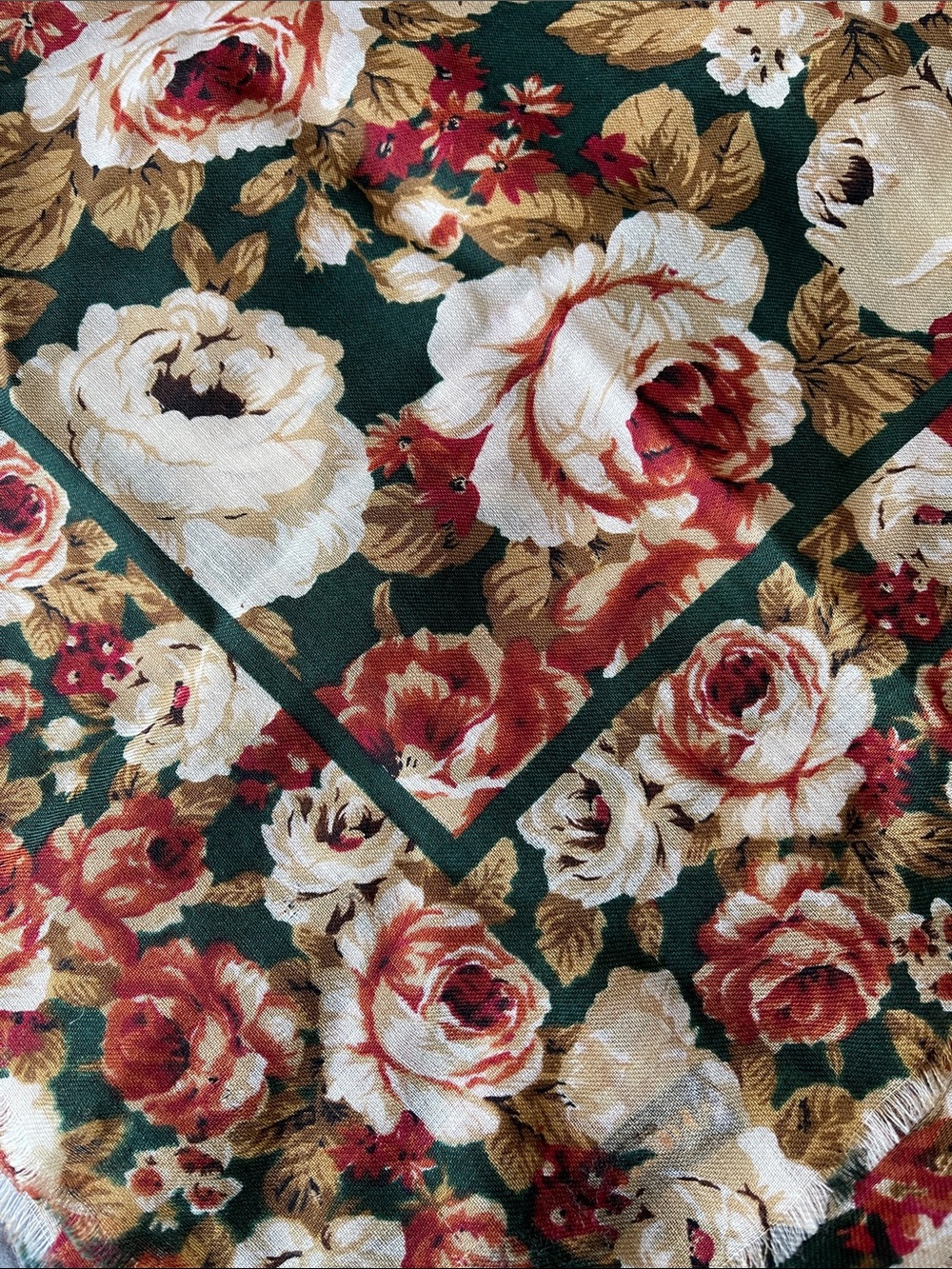 100% Wool Floral Japanese Scarf Shawl in Green, Cream, Red, Brown
